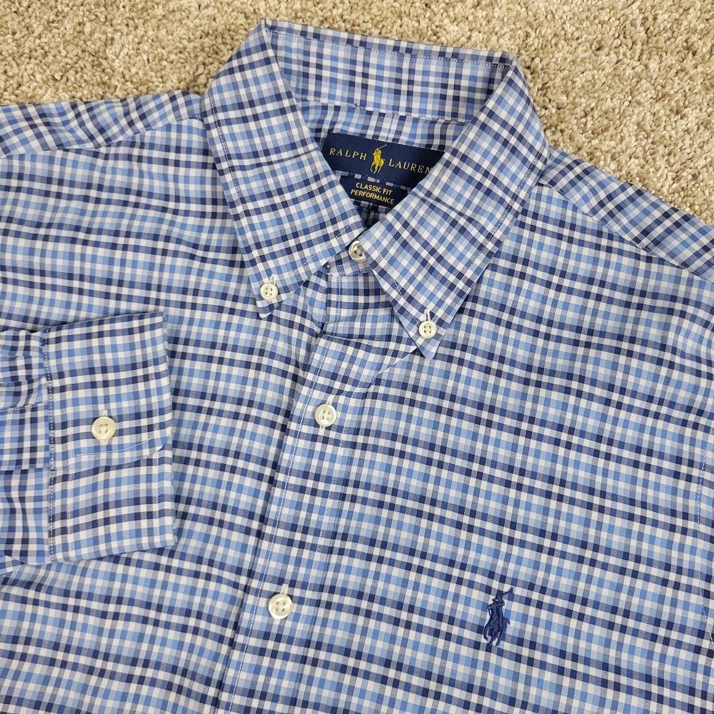 Ralph Lauren Classic Fit Performance Mens Medium Blue Check Pony Button Down LS